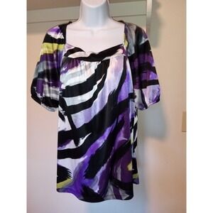 AB Studio Womens XL Purple Black Abstract Print Square Neck Puff Sleeve Blouse